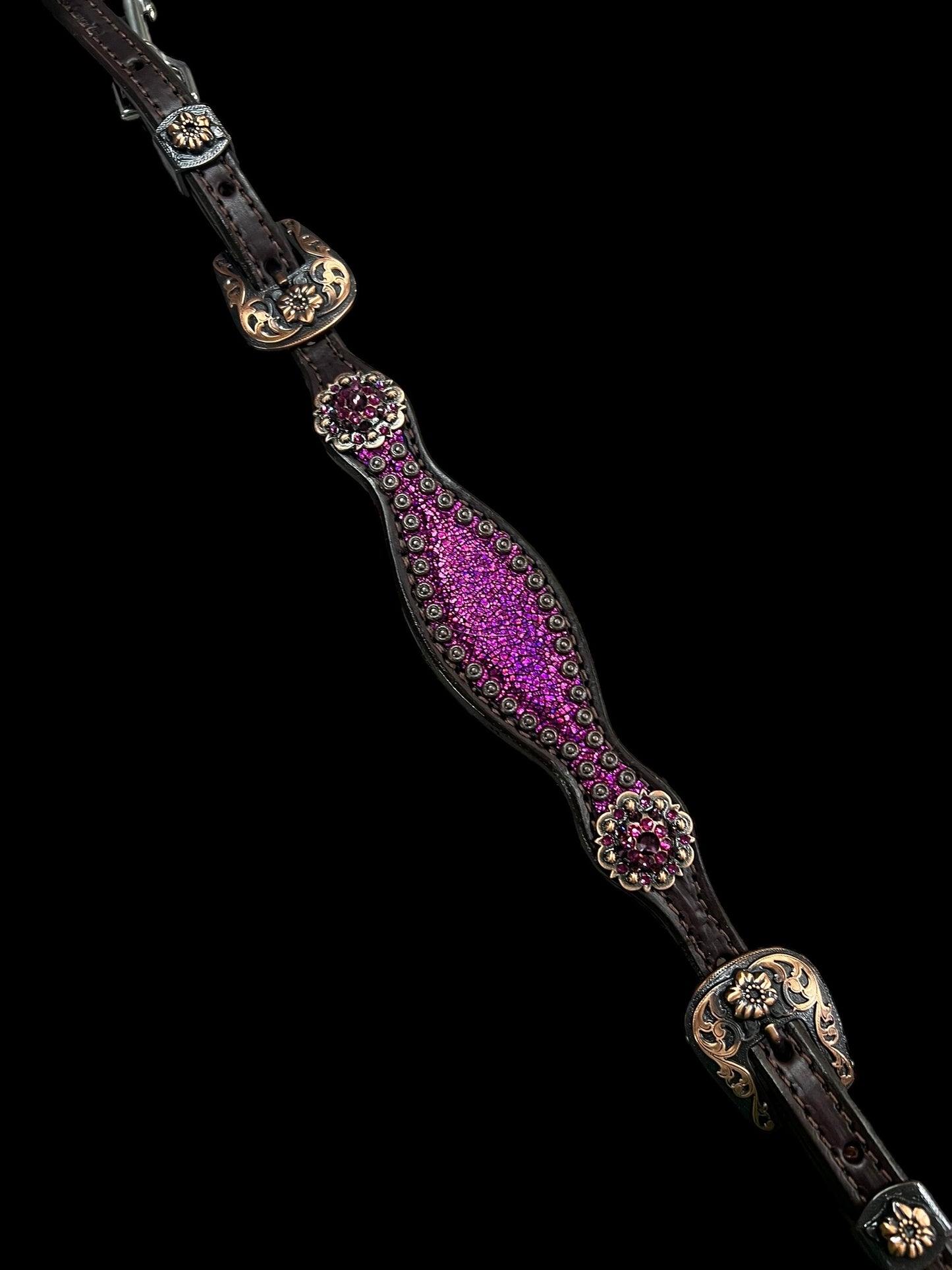 Pink metallic crackle on chocolate leather