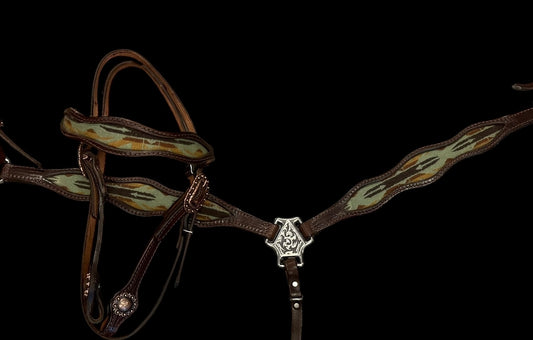 Chasin Cash green and brown headstall and breast collar