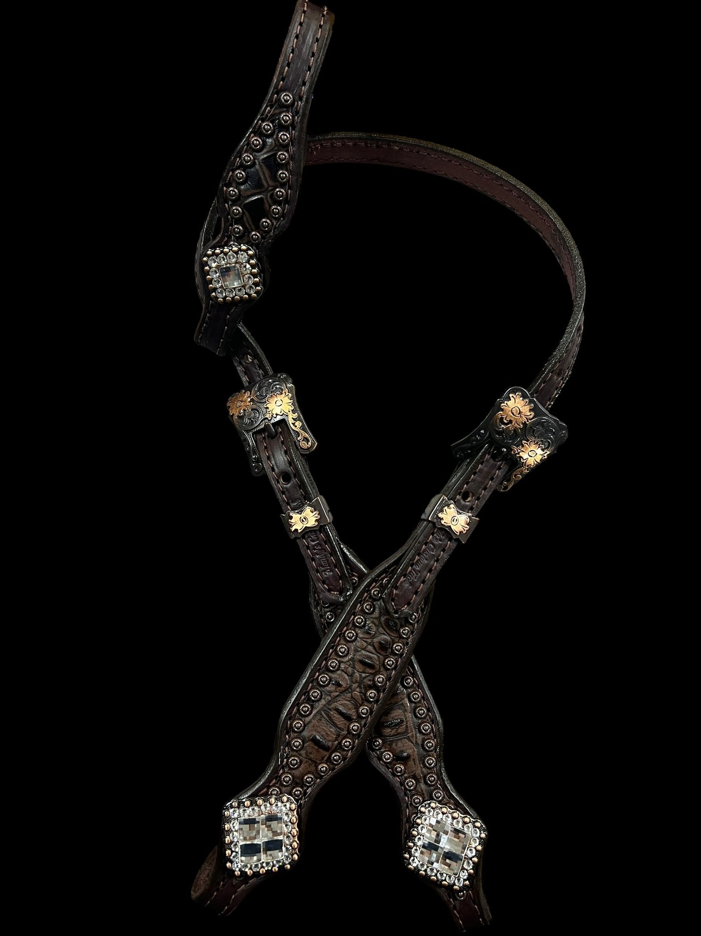 Cocoa gator on dark leather