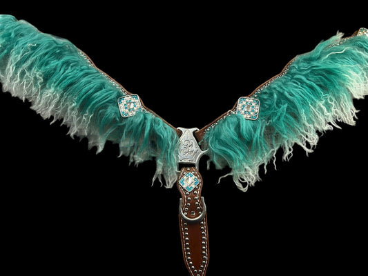 Teal angora on medium leather