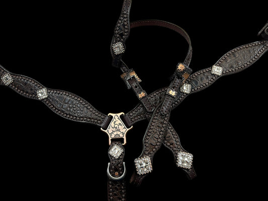 Cocoa gator on dark leather