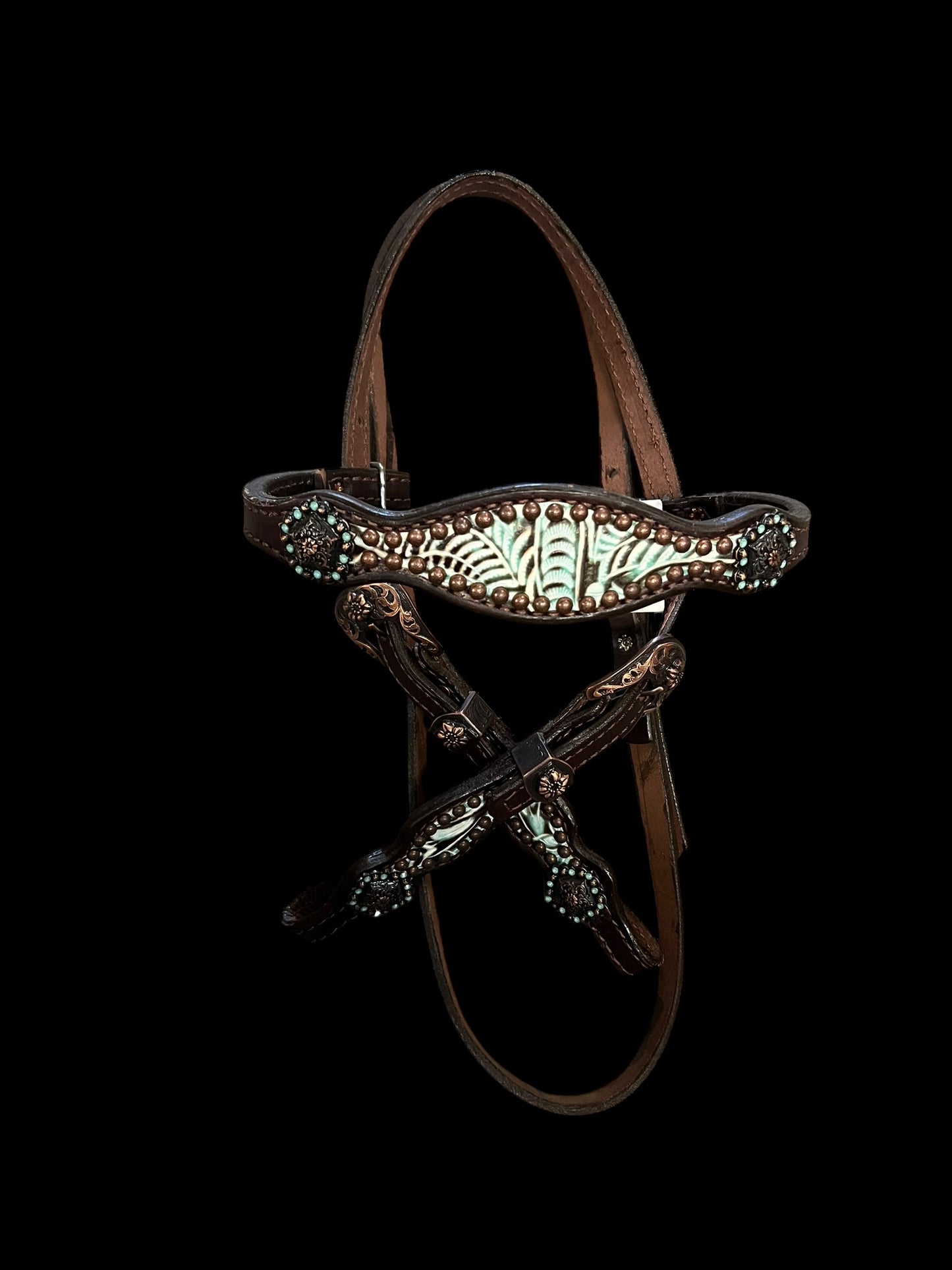 Brown and mint floral on dark leather