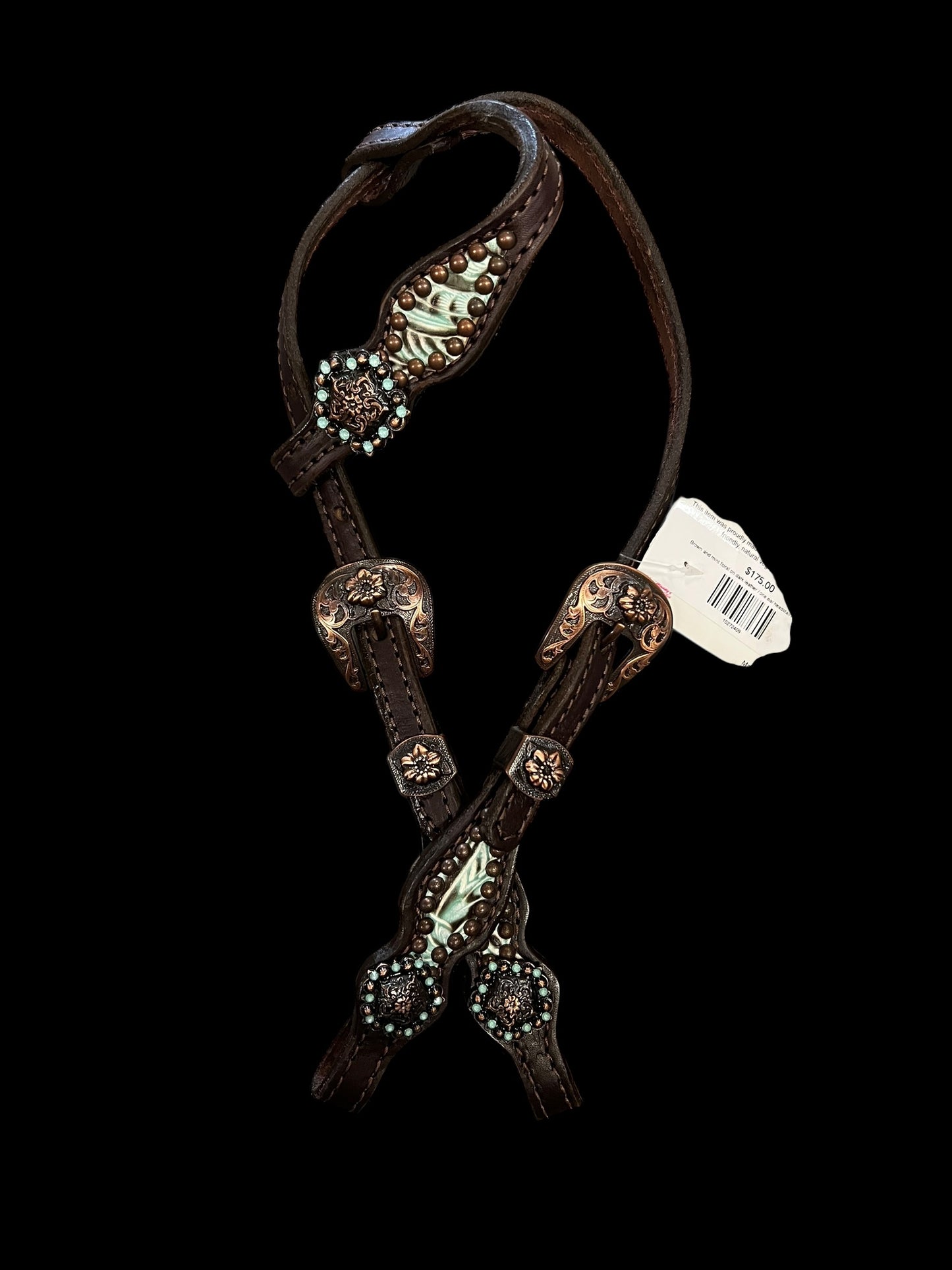 Brown and mint floral on dark leather