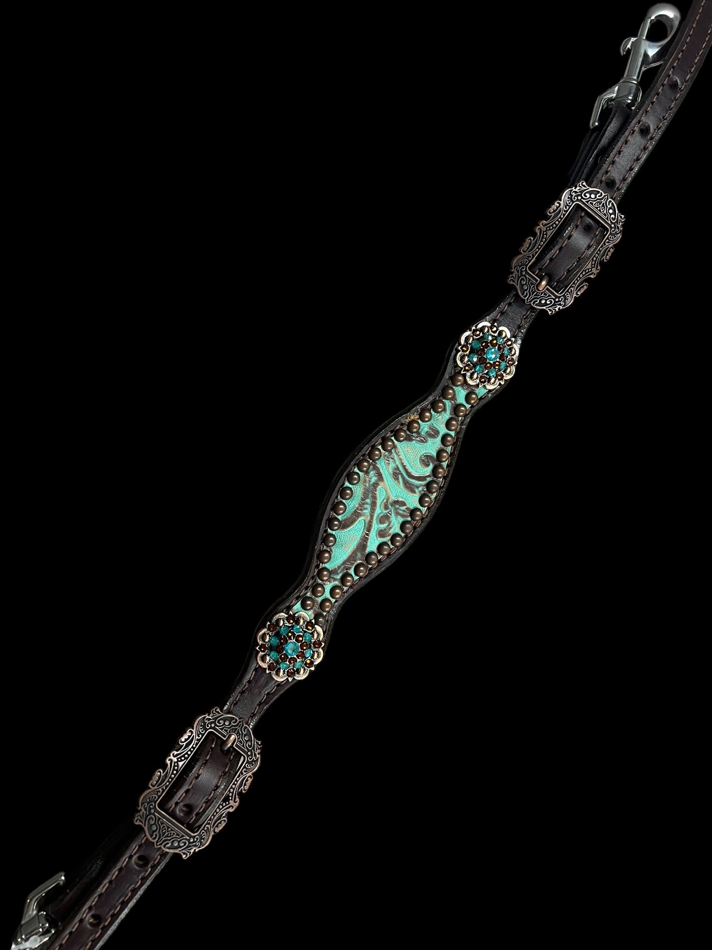 mint and brown floral on dark leather