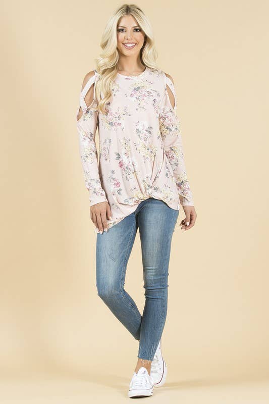 LILY floral print cold shoulder side twist knit top