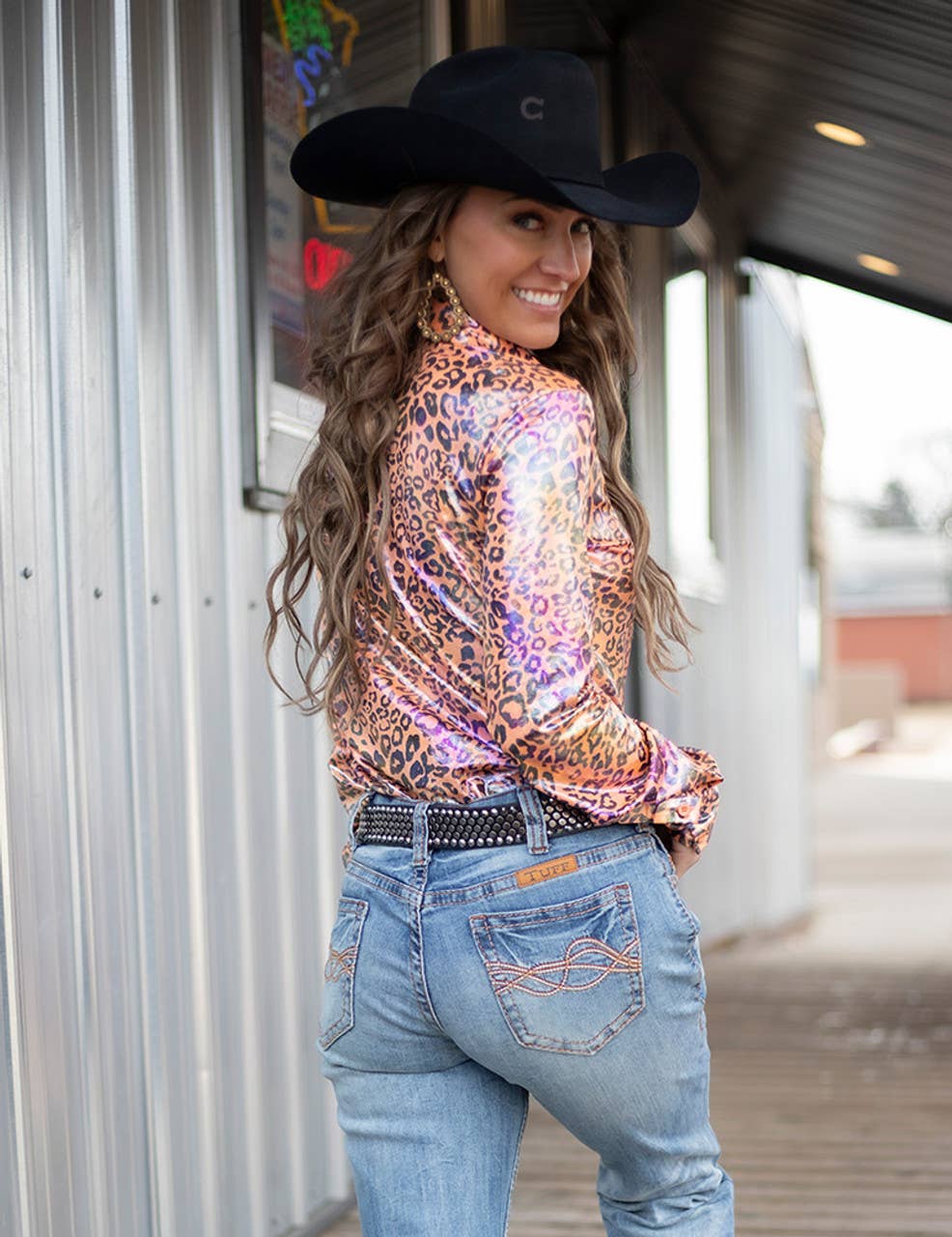 Pullover Button Up Orange Foil Leopard Print Jersey