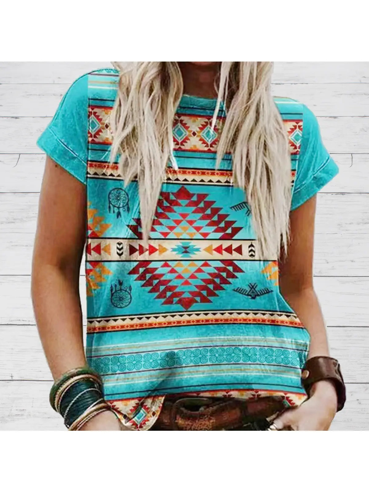 Aztec Pattern Crew Neck Western Apparel Summer T-Shirt - turquoise