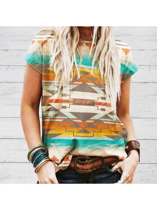 Aztec Pattern Crew Neck Western Apparel Summer T-Shirt - Sunset