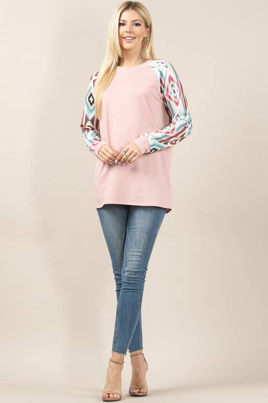 MARA AZTEC PRINT COLOR BLOCK RAGLAN TOP