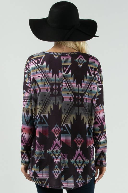 NIKKI GEO MULTI COLORED PRINT DOLMAN SLEEVE TOP: