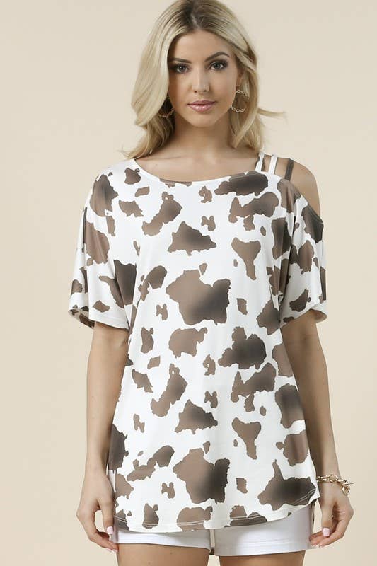 CELIA COW PRINT OFF SHOULDER SHORT SLEEVE TOP
