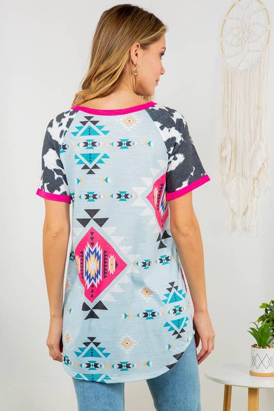 CINDY AZTEC-COW PRINT COLOR BLOCK SS TEE