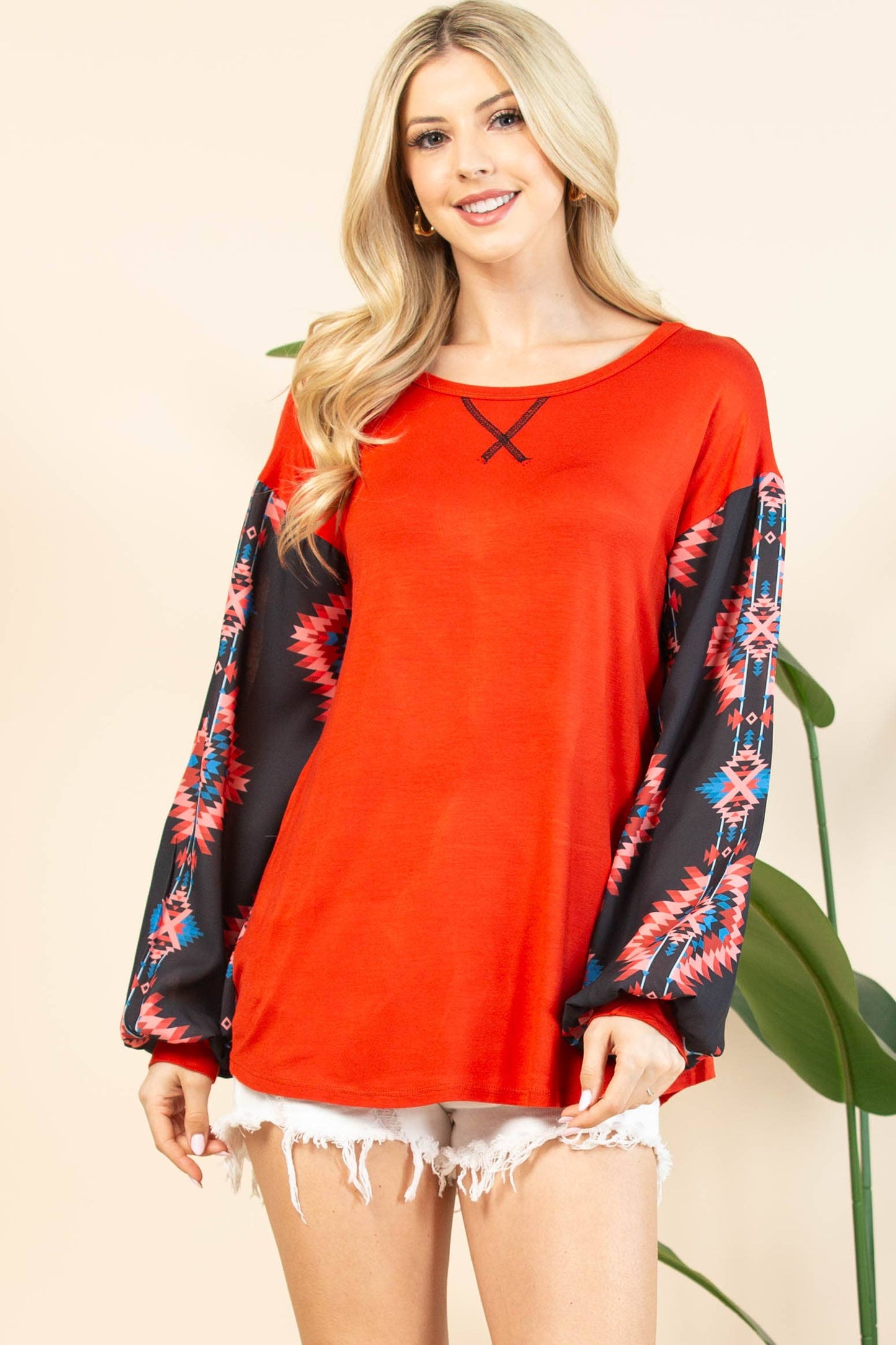 MACIE AZTEC PRINT COLOR BLOCK WOVEN SLEEVE TOP
