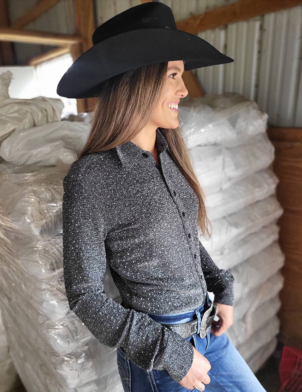 Pullover Button Up with Silver Crystals Lightweight Stretch