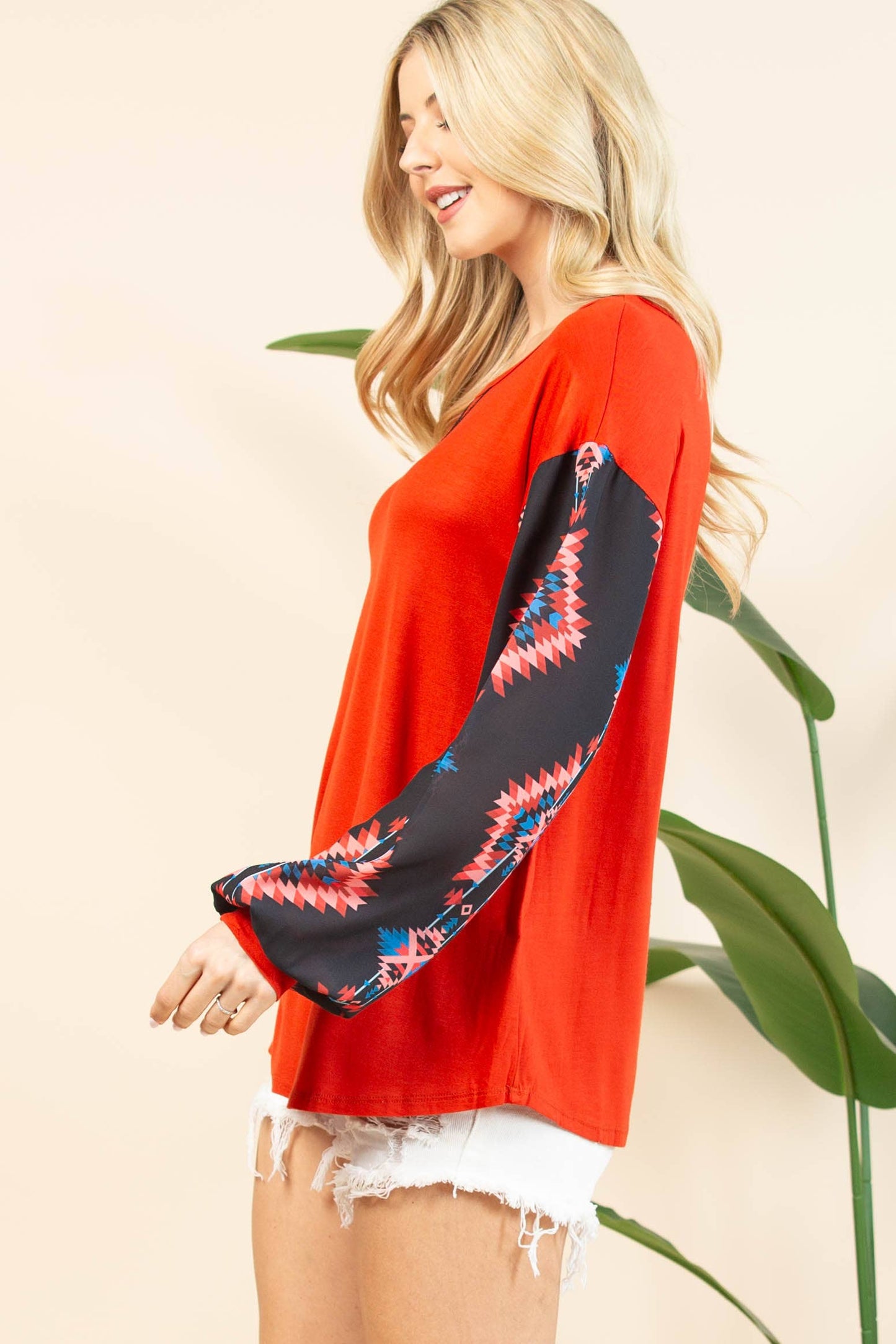 MACIE AZTEC PRINT COLOR BLOCK WOVEN SLEEVE TOP