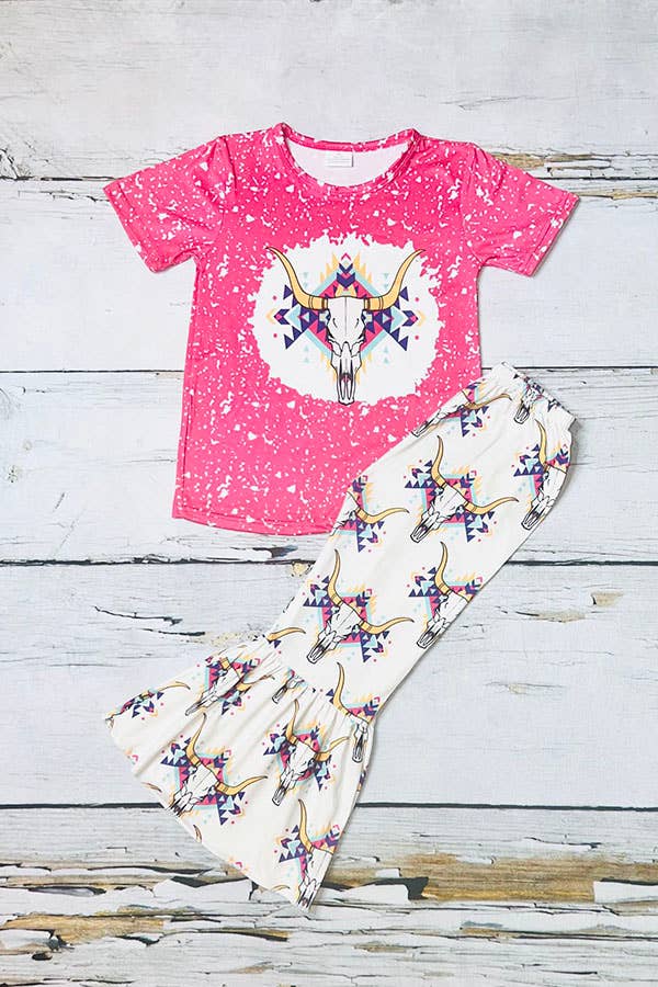 Bull print pink top & bell-bottom pant girls set
