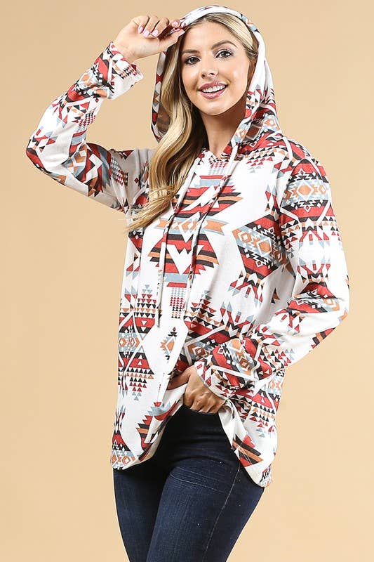 LAUREN AZTEC PRINT ULTRA SOFT HACCI HOODIE: MUSTARD