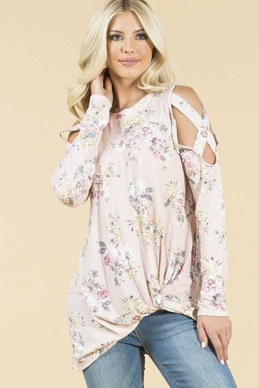 LILY floral print cold shoulder side twist knit top
