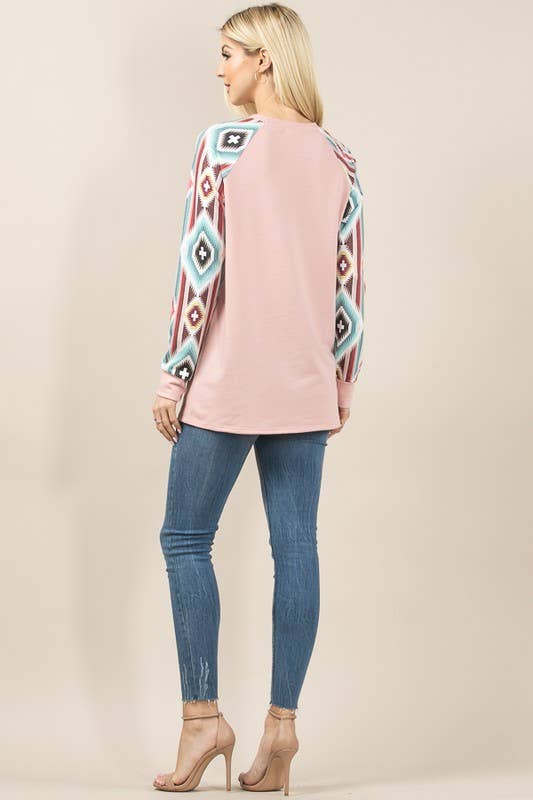 MARA AZTEC PRINT COLOR BLOCK RAGLAN TOP