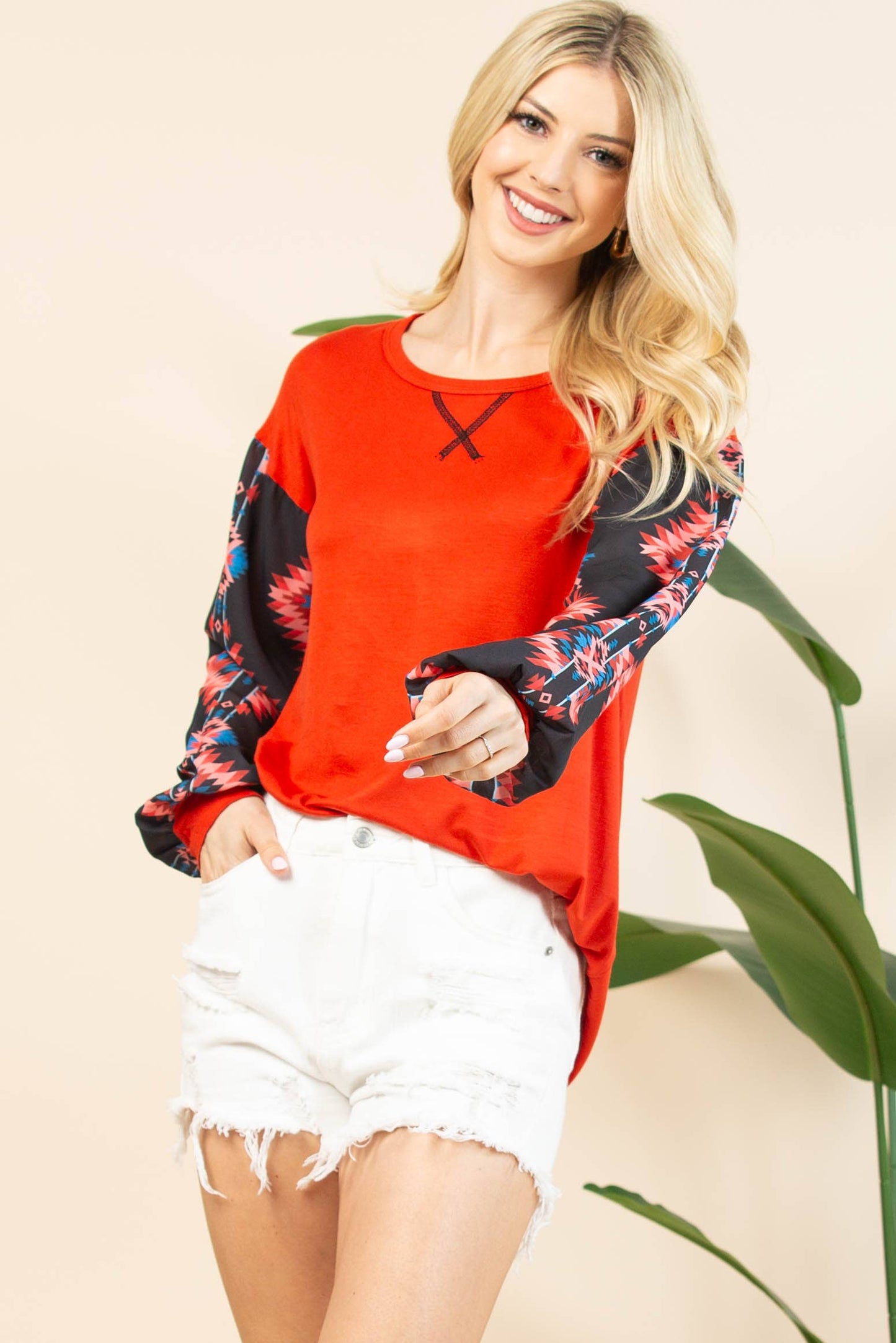 MACIE AZTEC PRINT COLOR BLOCK WOVEN SLEEVE TOP