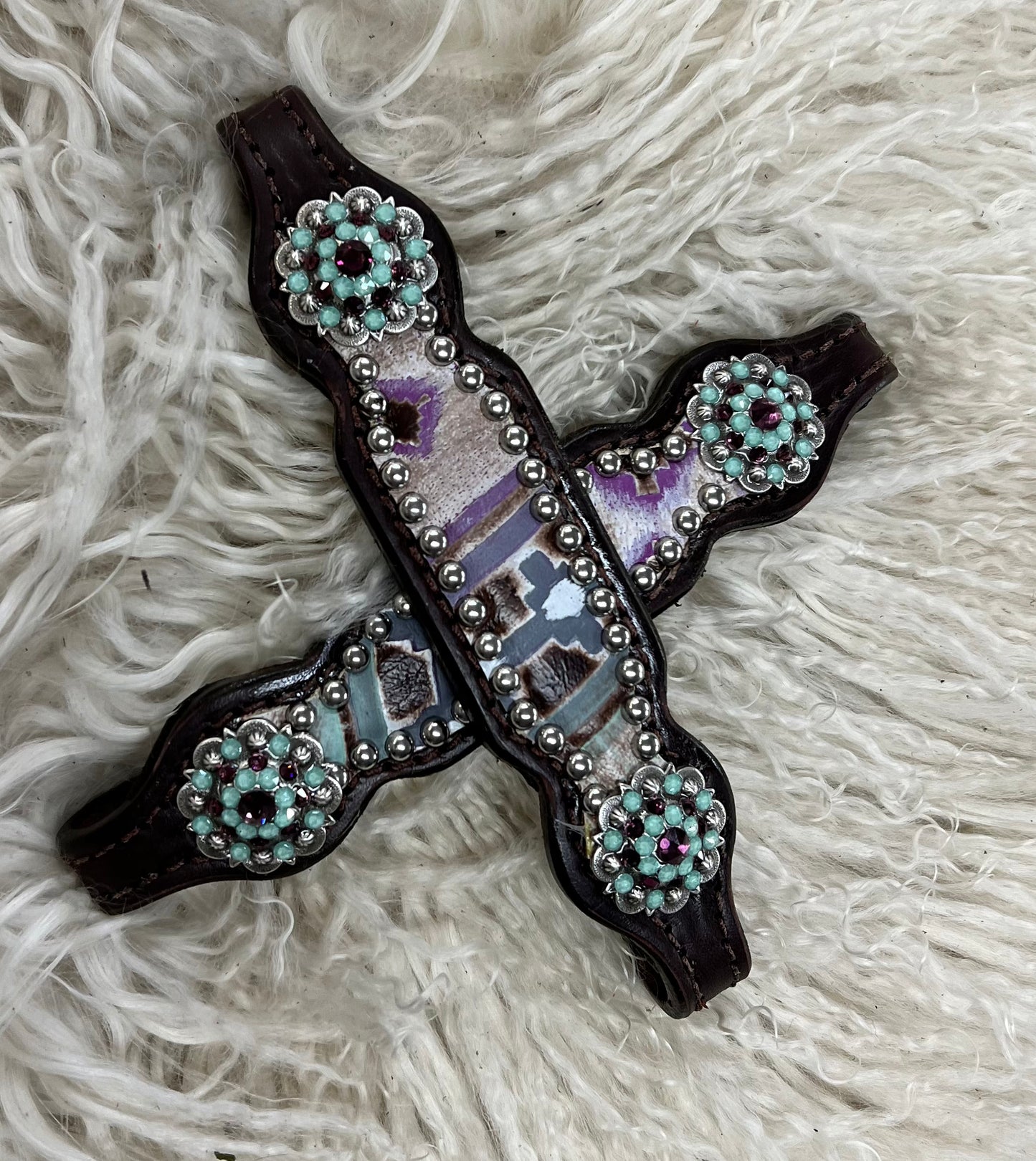 Mint and purple Navajo on dark leather