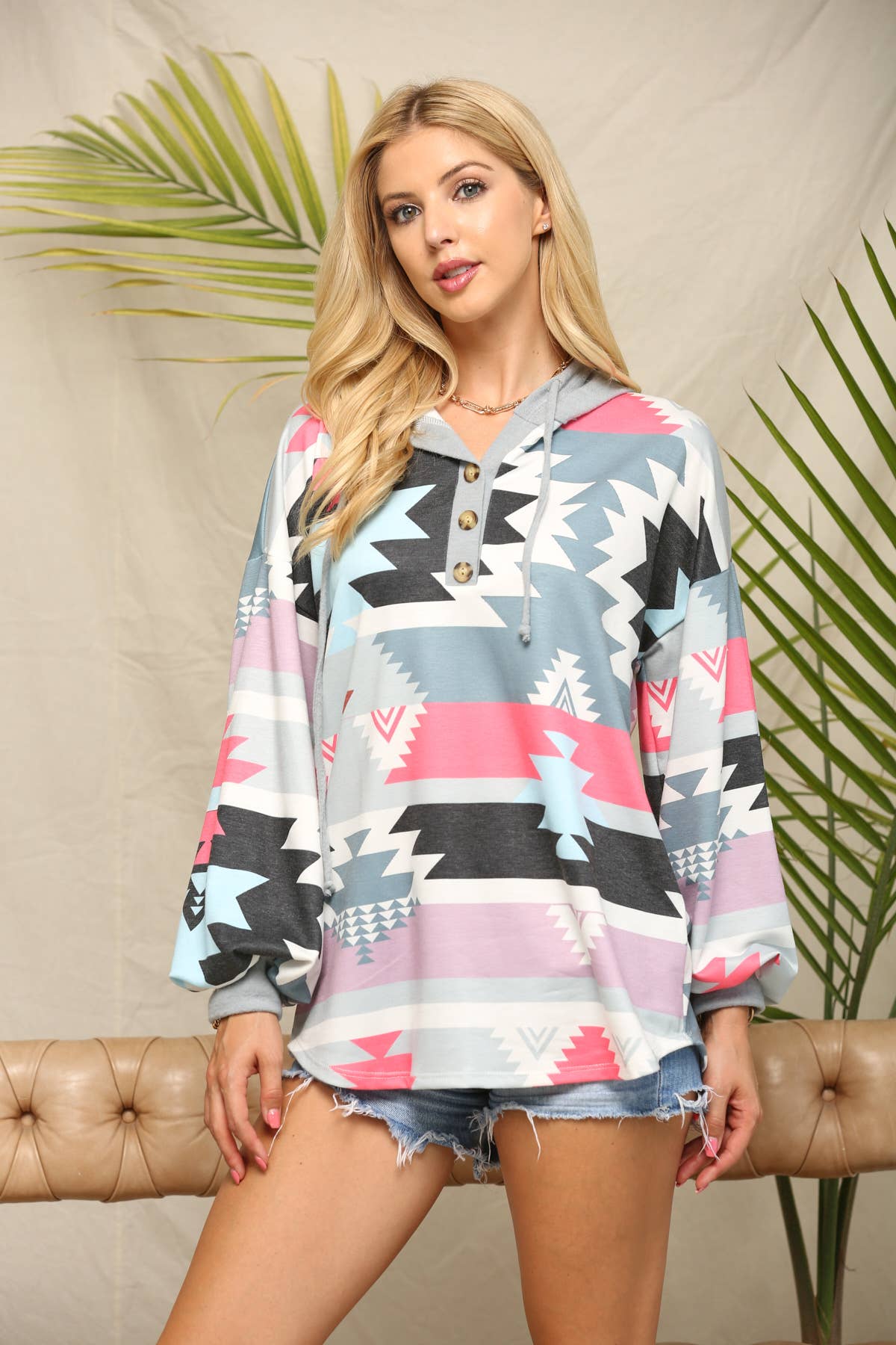 TAYLOR AZTEC PRINT COLOR BLOCK HOODIE
