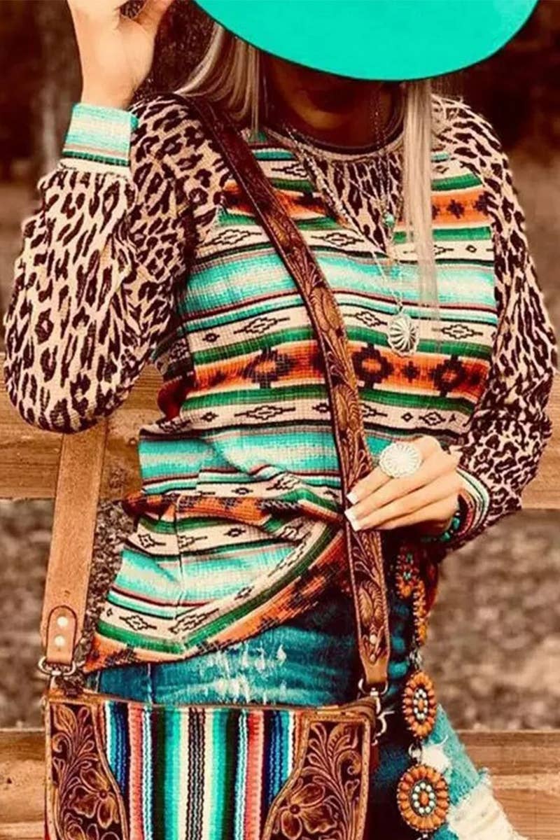 WOMEN WESTERN STYLE LEOPARD AZTEC PRINT TEE