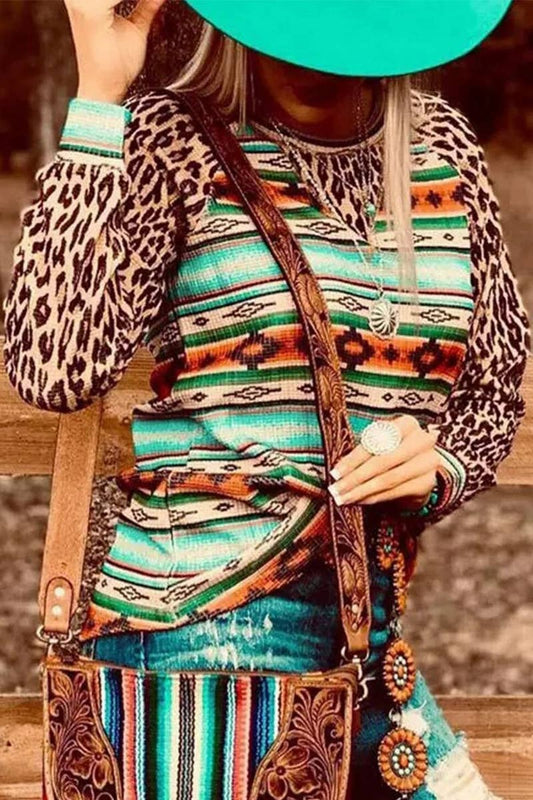 WOMEN WESTERN STYLE LEOPARD AZTEC PRINT TEE