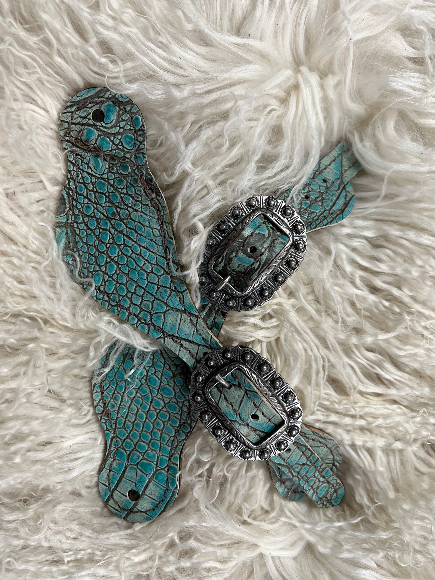 Antique turquoise gator on dark leather