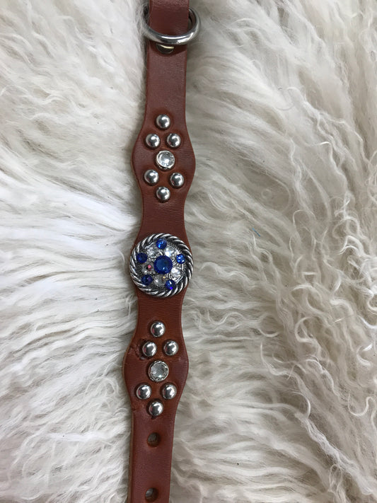 Extra Small dog collar- sapphire on chestnut